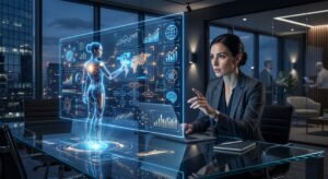 Ejecutiva trabaja junto a una figura holográfica de inteligencia artificial que analiza gráficos financieros