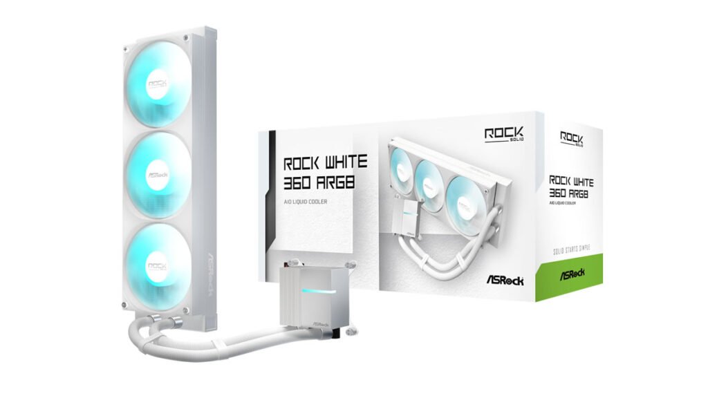 Refrigeración líquida AIO ASRock Rock 360 ARGB en color blanco junto a su caja