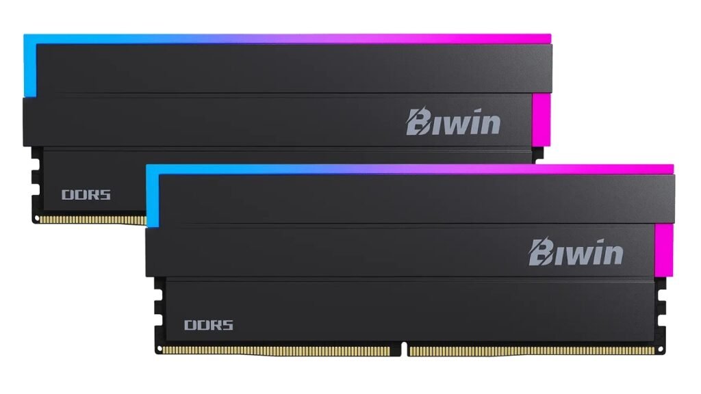 Dos módulos de memoria DDR5 Biwin Black Opal DW100 con disipador negro e iluminación RGB