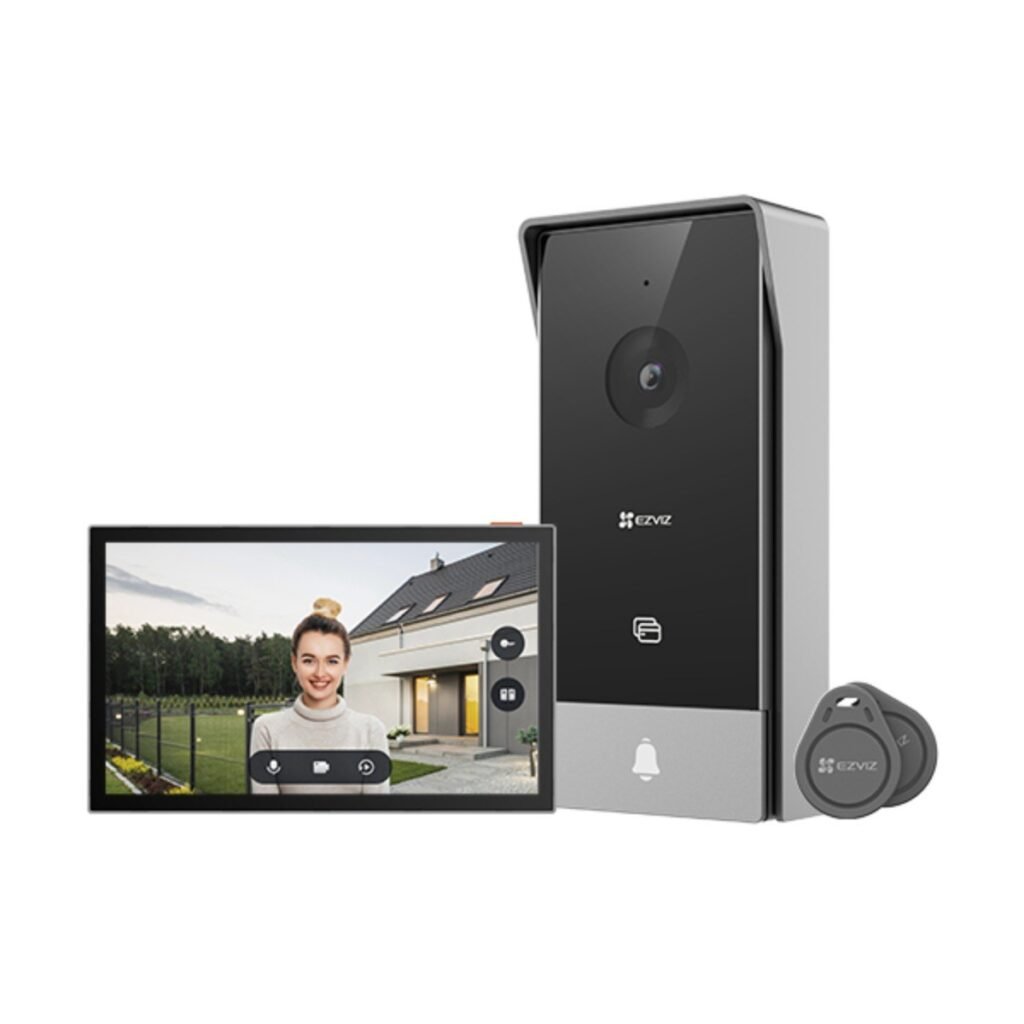 Kit del videoportero EZVIZ HP5: monitor táctil, unidad exterior con cámara y timbre, y dos etiquetas RFID