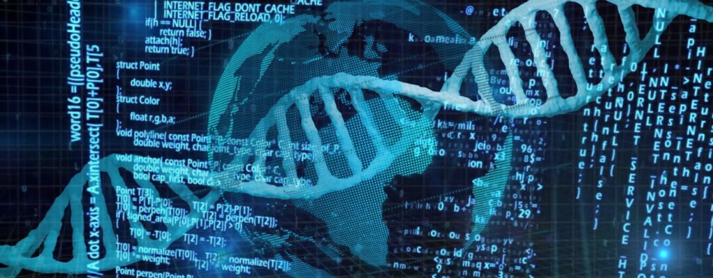 Doble hélice de ADN superpuesta a líneas de código y un globo terráqueo digital, ilustración sobre IA y biología