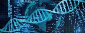 Doble hélice de ADN superpuesta a líneas de código y un globo terráqueo digital, ilustración sobre IA y biología