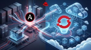 Ilustración con los logos de Ansible y OpenShift de Red Hat que conectan servidores locales con la nube híbrida