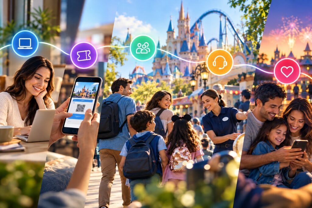 Recorrido del visitante de un parque temático: compra online, entrada digital, visita en familia y asistencia con IA