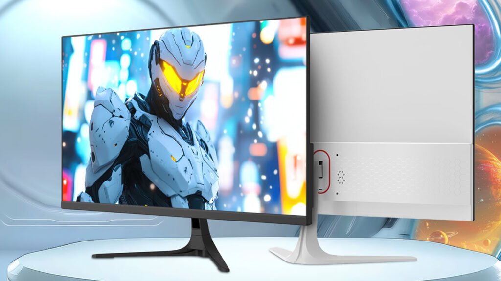 Monitor gamer plano XPG APERTURE en versiones negra y blanca, vista frontal y trasera.