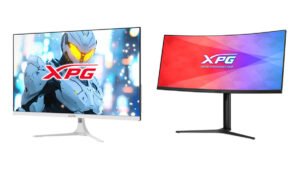 Monitores gamer XPG: APERTURE plano, blanco, y el curvo ultrawide RIFT R34WXC con base negra.