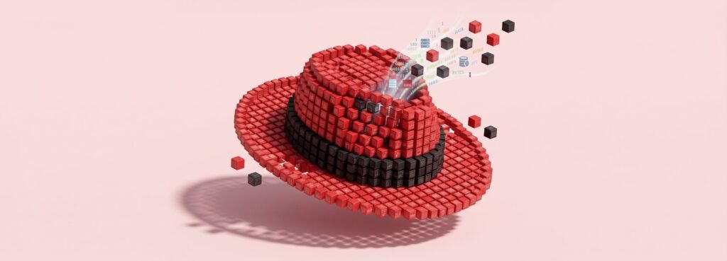 Sombrero rojo de Red Hat formado por cubos y flujos de datos, ilustración sobre nube híbrida y contenedores