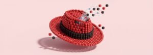 Sombrero rojo de Red Hat formado por cubos y flujos de datos, ilustración sobre nube híbrida y contenedores